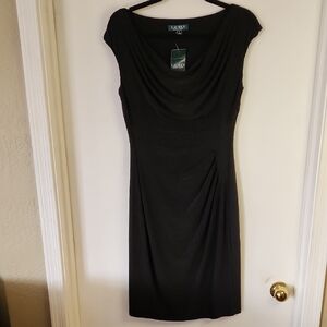 NWT Ralph Lauren Black Ruched Cowl Neck Midi Dress